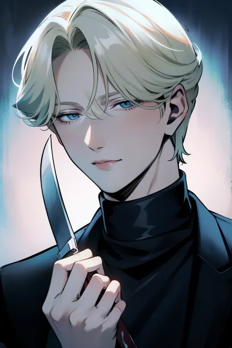 johan liebert, solo boy, knife on hand, wearing black sweather, knife on hand with blood, bloody face, blood on hands, gore, blo...