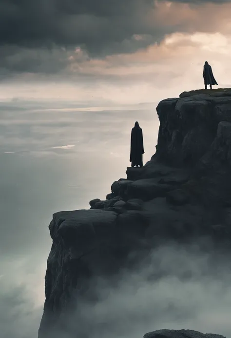 A mysterious figure shrouded in shadows, standing atop a rugged cliff overlooking a vast, misty sea. (Symbol: cloak, style: atmospheric)