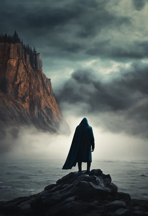 A mysterious figure shrouded in shadows, standing atop a rugged cliff overlooking a vast, misty sea. (Symbol: cloak, style: atmospheric)