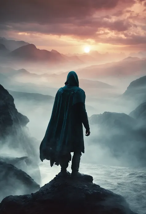 A mysterious figure shrouded in shadows, standing atop a rugged cliff overlooking a vast, misty sea. (Symbol: cloak, style: atmospheric)