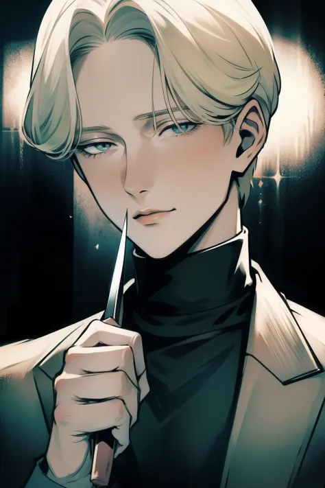 johan liebert, solo boy, knife on hand, wearing black sweather, knife on hand with blood, bloody face, blood on hands, gore, blo...