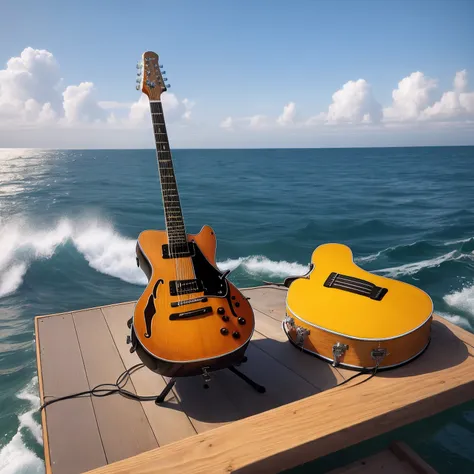 A guitar floats at sea