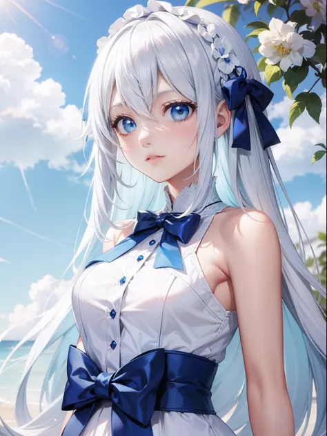 A beautiful anime girl，White color hair，blue color eyes，laurels