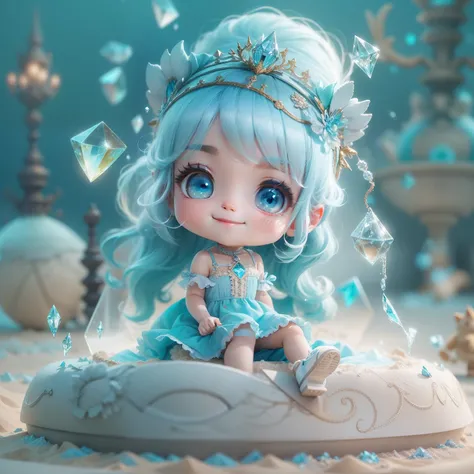 (sandbox:1.4),in a panoramic view，Solo, full body Esbian，tchibi，Cute little girl, wearing a blue dress，a panoramic view，Delicate headgear，ssmile，Rococo style，Glass material，crystal material，ighly detailed, cinematic lighting effect，8K，tmasterpiece，offcial ...