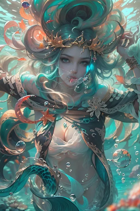 ModelShoot style, (Extremely detailed Cg Unity 8K wallpaper), A chaotic storm of intricate liquid smoke in the head, Stylized abstract portrait of beautiful sea queen, wetted skin, jelly fish, sea monster on the back sea queen，The corals，ocean floor，Marine...