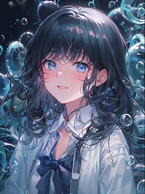 ((top-quality)), ((​masterpiece)), ((ultra-detailliert)), (extremely delicate and beautiful), girl with, 独奏, cold attitude,((Black jacket)),She is very(relax)with  the(Settled down)Looks,A dark-haired, depth of fields,evil smile,Bubble, under the water, Ai...