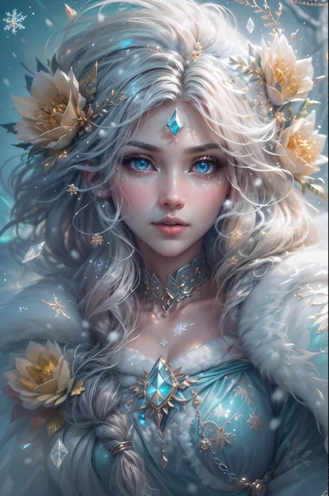 This is a realistic fantasy artwork taking place in a subzero cold winter landscape. Generate a stately, elegant, and graceful Pocahontas elf in a magical world of stunning gilded roses with multicolors and shimmering ice glittering in the light. Her face ...