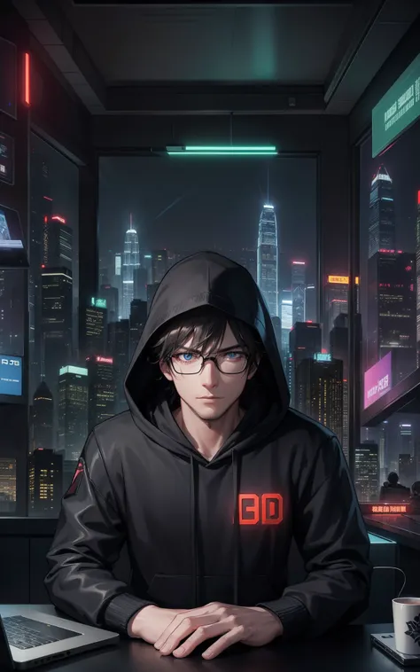 Create a tall 9:16 portrait style image. The upper half will feature additional illustrations related to gaming and technology.In the lower half, depict a Hong Kong gamer sitting behind his laptop late at night in his home studio. He is wearing a dark colo...