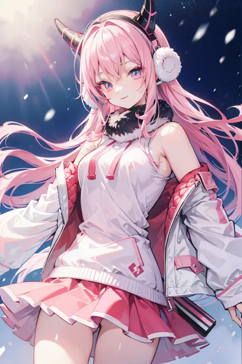 anime girl,pink coloured hair,silver coloured eyes,d cup,red horn,smile,snow night,white jacket,red skirt,earmuffs