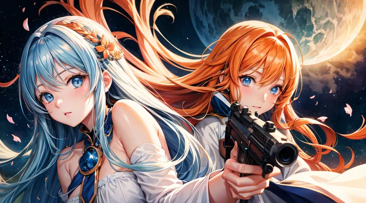 Detailed、Soft skin、Anime style、Blue eyes、Women in Their 20s、background cosmos、Holding a gun、The long-haired、orange color hair