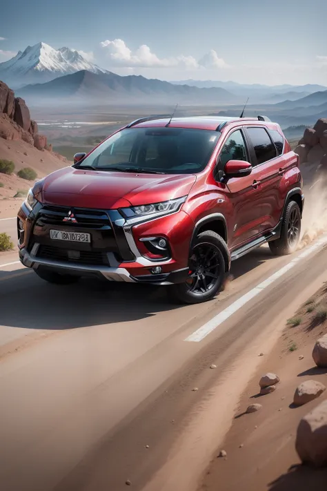 mitsubishi xpander titanium gray with red accent, rally setup, background is mountain