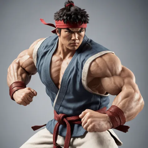 Ryu from Street Fighter, in an dynamic pose, extremely muscular, cinematic lighting