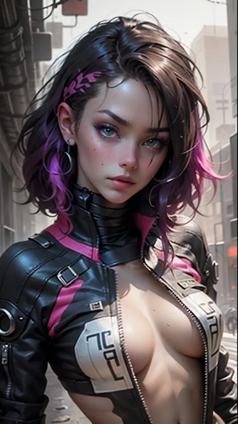 Beautiful woman, dyed hair, sexy leather clothes, long breasts, cyberpunk style, realistic detailed, close, portrait, exposing her small perky tits