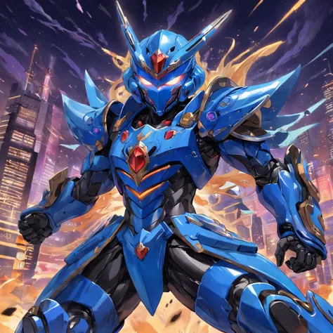 Kamen Hero,Helmet in the shape of locust elements,Closed face shield,blue colors,Marine elements，Armed with a gun，the Chinese character "Eau" in the middle of Kamen Riders Belt，Yugioh artwork, top-quality, tmasterpiece, A high resolution