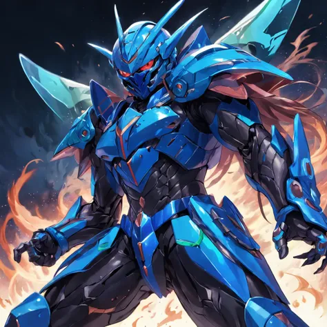 Kamen Hero,Helmet in the shape of locust elements,Closed face shield,blue colors,Marine elements，Armed with a gun，the Chinese character "Eau" in the middle of Kamen Riders Belt，Yugioh artwork, top-quality, tmasterpiece, A high resolution