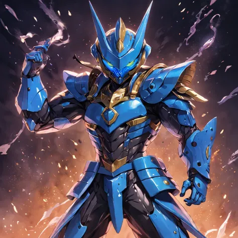 Kamen Hero,Helmet in the shape of locust elements,Closed face shield,blue colors,Marine elements，Armed with a gun，the Chinese character "Eau" in the middle of Kamen Riders Belt，Yugioh artwork, top-quality, tmasterpiece, A high resolution