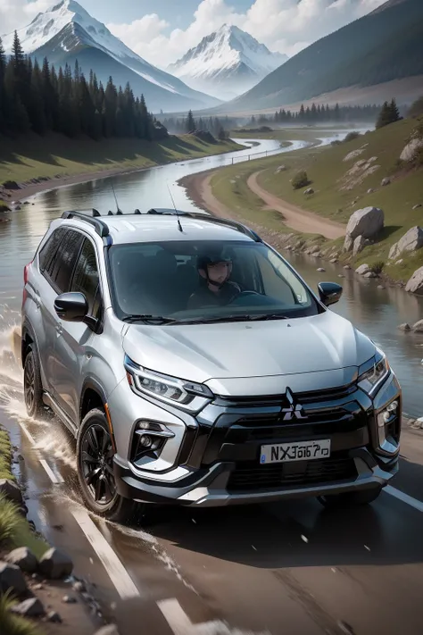 mitsubishi xpander titanium gray hyperealistic, rally setup, background is mountain passing by a stream, splash water