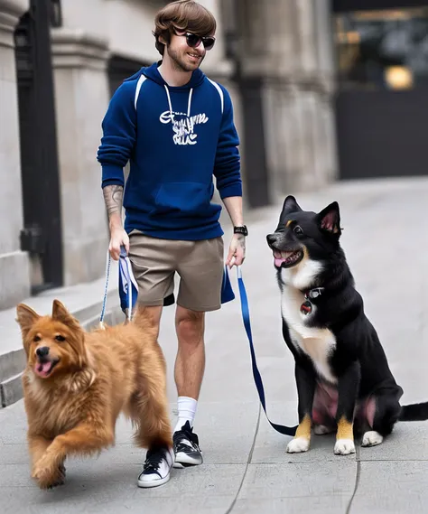 solo person，shaggy male，Furry，Dogs，Shiba dog，Beige tunic，grey shorts，white legwear，Blue sneakers，Golden pupils ，White fur，Furry tail