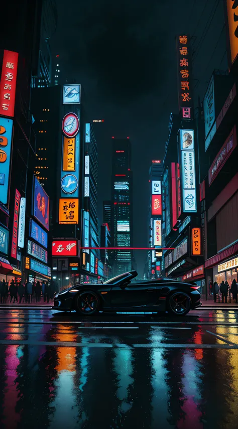 ((best quality)), ((masterpiece)), ((surreal)), ((night)), Jim Lees majestic detail soft oil painting, beautiful neon cyberpunk Tokyo, reflection, rain, crowded sci-fi city streets, futuristic car, night, metal, neon edge lighting, people, umbrella, profes...