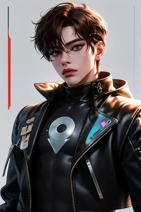 male idol ((gamer)), medium length brown hair, wearing a cyberpunk style tattered cropped jacket, leather holographic pants, blu...