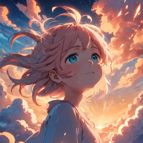 masterpiece, best quality, movie still, 1girl, cloud girl, floating in the sky, close-up, bright, happy, warm soft lighting, sunset, (sparks:0.7)