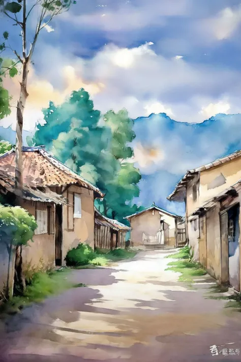 painting of a house with a tree and a fence in the yard, old asian village, Vila Velha, Estilo de aquarela chinesa, estilo de pintura em aquarela, paisagem da aquarela, pintura digital em aquarela, aldeia, Directed by: O Borun, uma pintura em aquarela, pin...