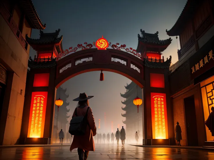 A huge Chinese city，Huge ancient Chinese city gate，There are three words on the city gate，Spooky scene