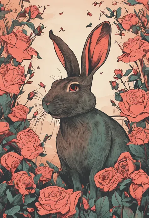 [A rabbit, A rose in his mouth]