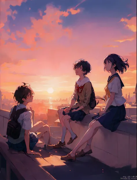 Create an exquisite illustration reminiscent of Makoto Shinkais style, characterized by its superfine detail and top-tier quality.　Create a captivating illustration that encapsulates the essence of nostalgia and fantasy as a group of students gather on the...