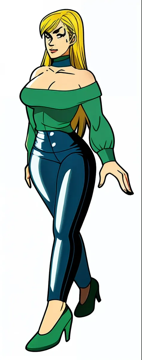 cartoon of a woman in a green top and blue pants, digitally colored, full body close-up shot, dinah drake, zoomed out full body, full body portrait of jean grey, inspired by Allen Jones, full body portrait of a short!, inspired by Bruce Timm, colored scree...