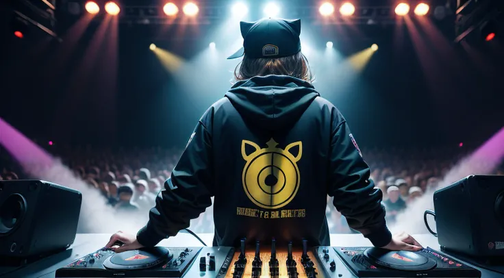 in the foreground a DJ with his back on the stage with a cats head and a kings crown, wearing a black sweatshirt with a cap, jeans, one hand mixing the music, in the background mixing table and the other upwards animating the concert, DJ FROM BACK, backsta...