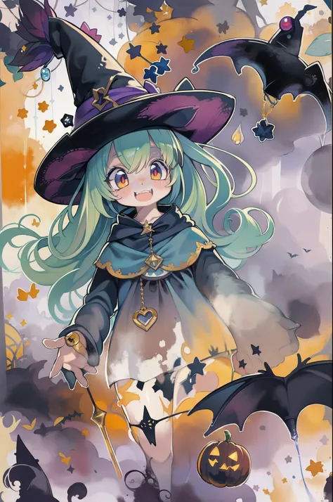 Charming Halloween 12 year old witch,, Cartoon style, 2D, planar vector, T-shirt design, Colorful splashes, Fantasy Art, Watercolor effect,Digital Painting, white bg, 8K