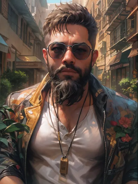 ((PivaArts SD1.5)) obra-prima, melhor qualidade, Foto RAW, 32k, uma pintura de um homem, Beard and glasses with spiked head and jacket, Estilo Craig Mullins, craig mullins dappled lighting, Craig Mullins Greg Rutkowski, inspirado em Craig Mullins, Directed...