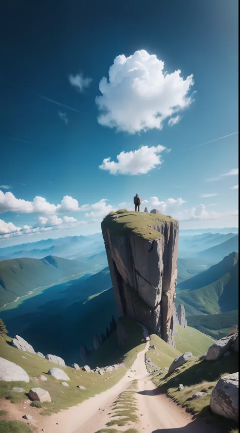 First-person long-range perspective，standing on top of a mountain，Look down at the scenery