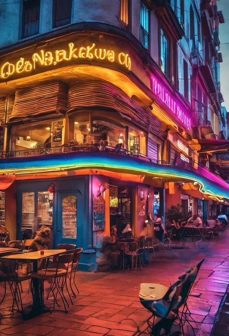 A vibrant image of a café, aconchegante, com mesas cheias de pessoas, felizes e satisfeitas comendo e bebendo(melhor qualidade: 1.4), (Ultra Highres: 1.2), (fotorrealista: 1.4), (8k, Foto RAW: 1.2), (medium shot: 1.4) alta realidade, detalhamento assentuad...