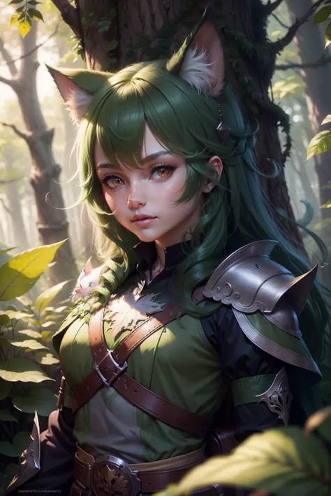 Leaf cat，Forest Knights，Lots of detail，Cool handsome，Dynamic lighting，Natural light，3O rendering cute digital art，Ultra-detailed fantasy characters，Cute forest creatures，Trend of CGsociety