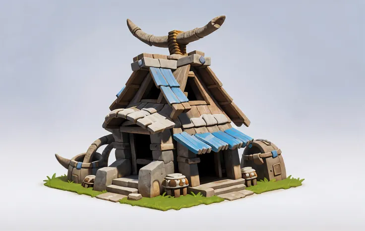 cartoonish style，Game architectural design，Bizarre design，Prehistoric primitive tribal style，（Irregular building、steins、in rags with、Skins、Huge bone decoration），white backgrounid，casual game style，best detail，Blander，tmasterpiece，best qualtiy，toon renderin...