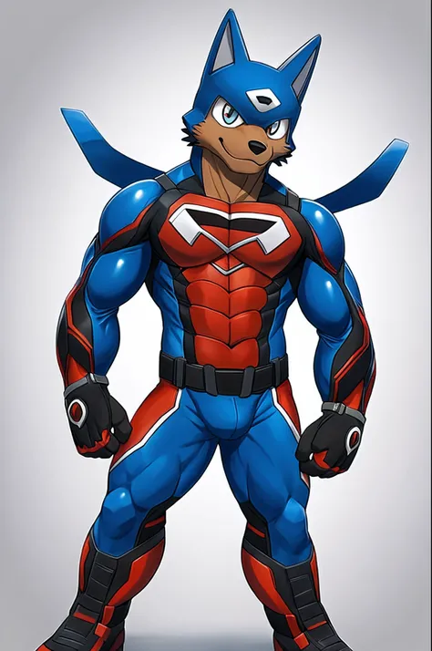 masutepiece, Best Quality, high quality,White background, Simple background, Standing portrait of a character, 1male, Solo, brown dog male, Furry,  Superhero, blue bodysuit, boots, short gloves, Full body,Look at viewers,hand on hip,hero logo on chest,gent...