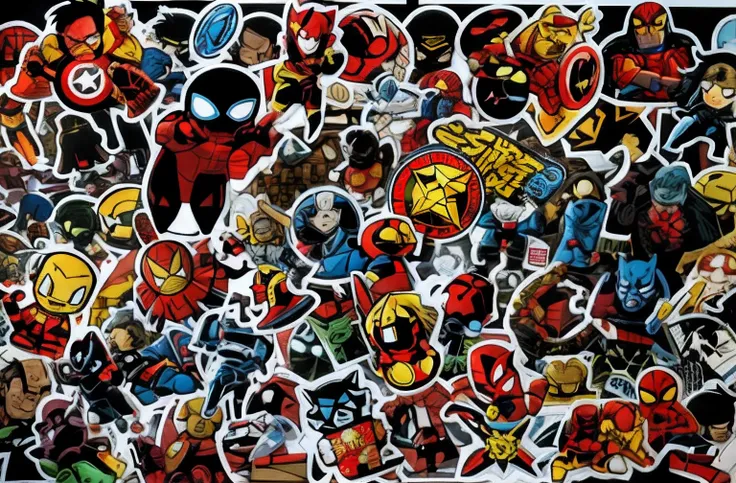 a close up of a bunch of stickers on a table, stickers, marvel comics h 6 4 0, marvel character, marvel marvel marvel, sticker art, sticker - art, marvel superhero, 2 5 6 x 2 5 6, 256x256, marvel style, marvel comic style, marvel comics, marvel comic book ...