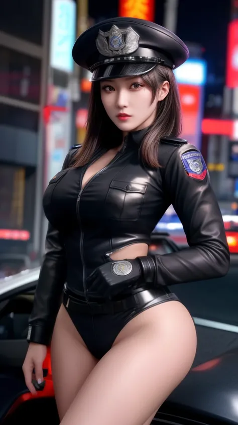 Highest image quality，excellent details，超A high resolution，Swat，Police of the future，Model Figure，Dynamic Poses，Grim expression，harsh eyes，masks，She wears a futuristic SWAT uniform，She was standing in front of a police car，Robust body，Sexy and durable，Deta...