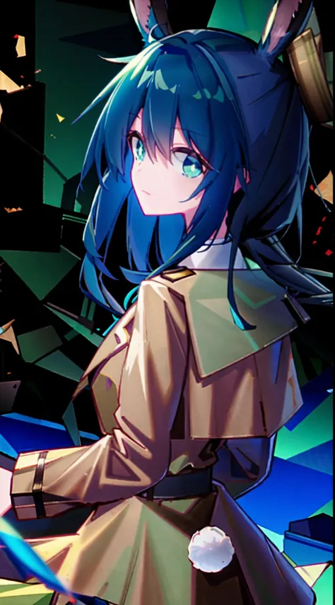 scenecy，Blue-haired girl，Rabbit ears，Green eyes，city night scene，Brown trench coat