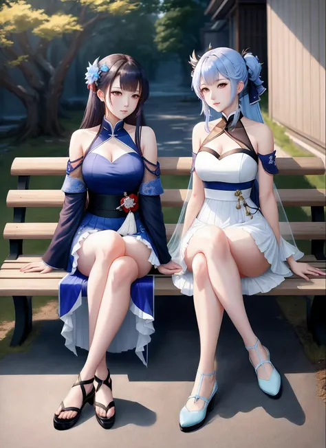 anime - style image of two women in white and blue dresses sitting on a bench, trending on cgstation, full body xianxia, wlop and sakimichan, keqing from genshin impact, characters from azur lane, genshin, 8k high quality detailed art, epic tale of the twi...