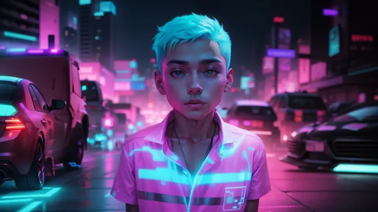 Cyber city neon background clothes glow boy