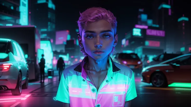 Cyber city neon background clothes glow boy