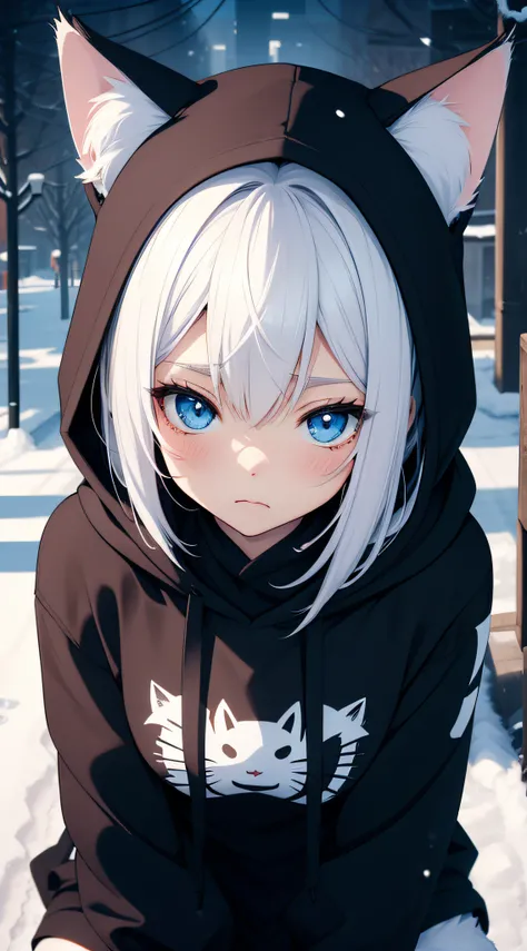 catgirl, 1gir, cat ears, ((cute)), masterpiece, best quality, perfect face, hoodie, hood, cold, looking up, high angle, smal, furr, snow flokes, particles, 4k, wallpaper, close up, digital art, anime style, beautiful eyes, intimate