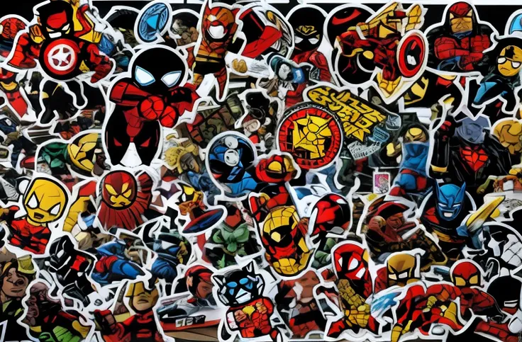 a close up of a bunch of stickers on a table, stickers, marvel comics h 6 4 0, marvel character, marvel marvel marvel, sticker art, sticker - art, marvel superhero, 2 5 6 x 2 5 6, 256x256, marvel style, marvel comic style, marvel comics, marvel comic book ...