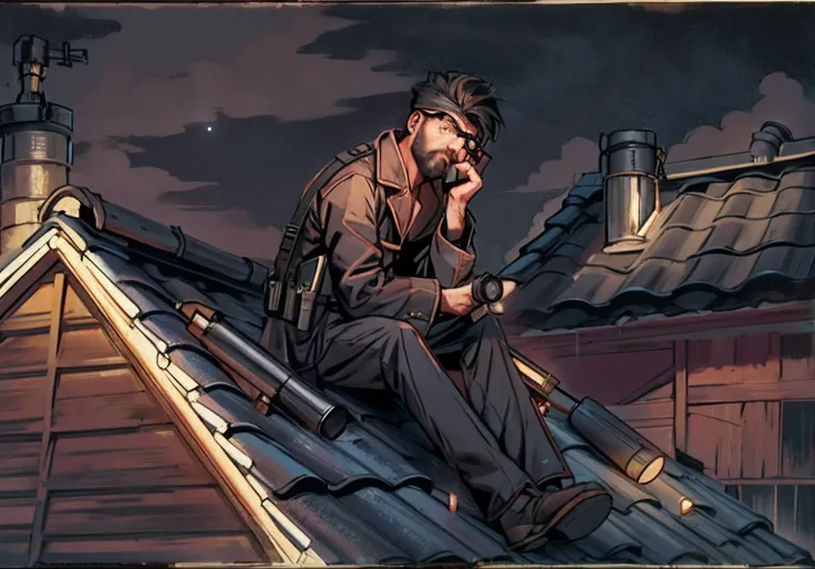 A man sits on the roof with binoculars in his left hand, in night, A man sits on the roof of a house at night, hiding in the rooftops, Sitting on the roof, on roof, on roof, work of art, Atmospheric art