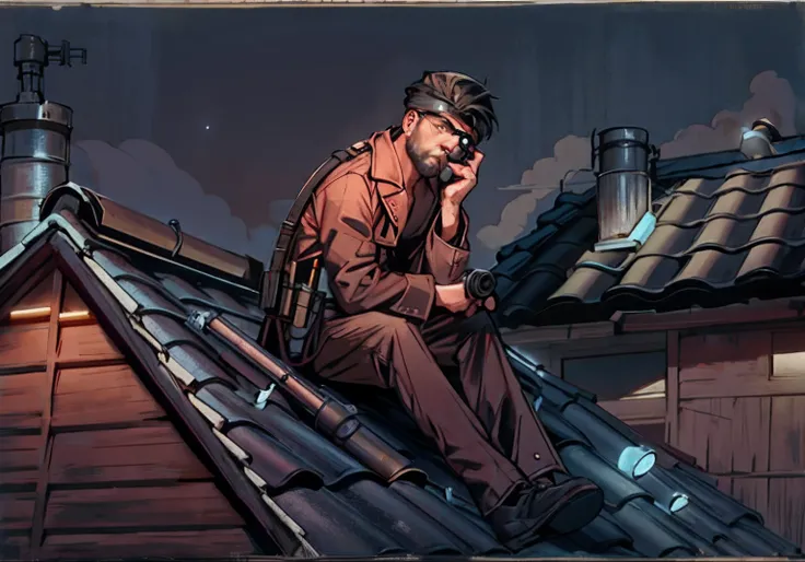 A man sits on the roof with binoculars in his left hand, in night, A man sits on the roof of a house at night, hiding in the rooftops, Sitting on the roof, on roof, on roof, work of art, Atmospheric art