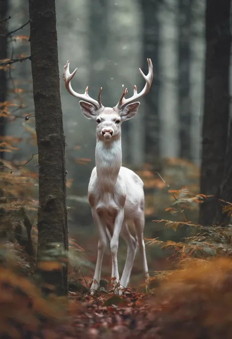 "Albino deer in a mystical forest."