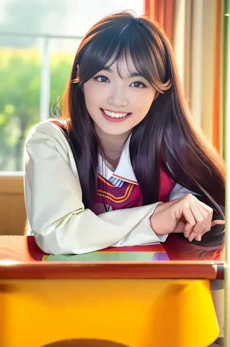 masterpiece, best quality, photoreal, 1girll, smile, teeth, flat bangs, stunning innocent symmetry face, school uniform, black e...